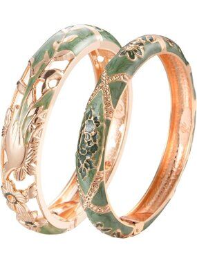 Vintage Cloisonne Jewelry Handcrafted Rhinestone Enamel Flower Bird Cuff